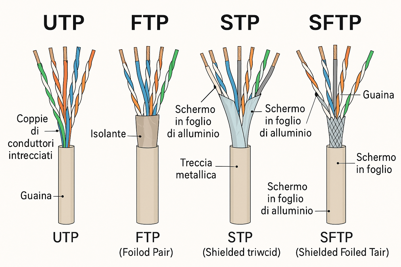 Tipologie di cavi Ethernet e schermature – Electrowave Cavi Ethernet UTP FTP STP SFTP con logo Electrowave